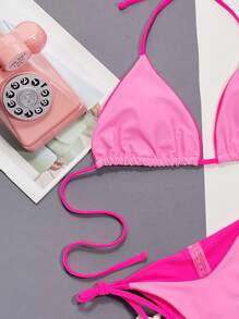 Swim SXY Summer Beach Contrast Binding Halter Triangle Tie Side Bikini Set - Pink - View 4