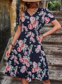 SHEIN VCAY Floral Print V Neck Dress - Navy Blue - View 6