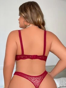 Plus Size Sexy Fashion Solid Color Lace Bra With Ultra-Thin Hollow-Out Underwire Women's Underwear - Rose Red - View 2