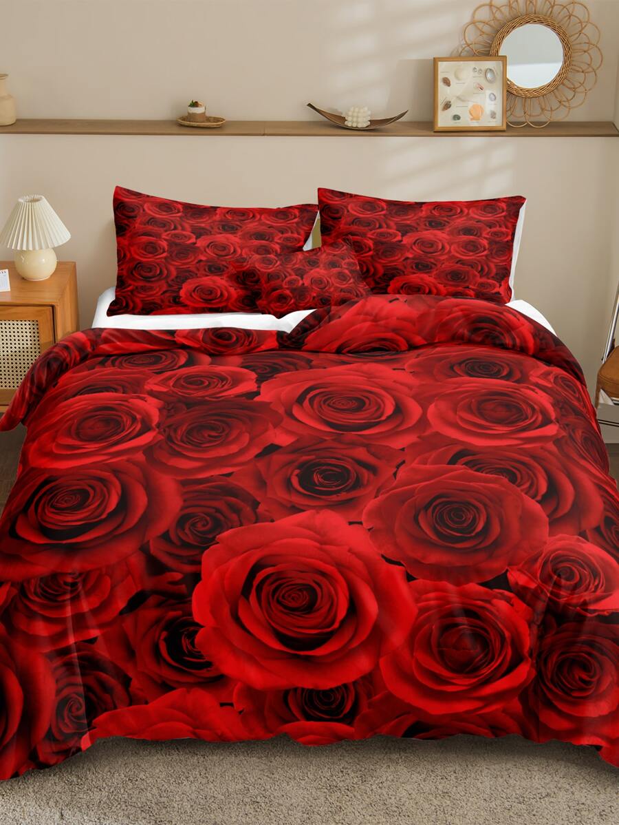 3pcs/set Rose Pattern Red Duvet Cover Set(1 Duvet Cover & 2 Pillowcase) Modernist Fabric Bedding Set For Bedding, All Season - Blue - View 1