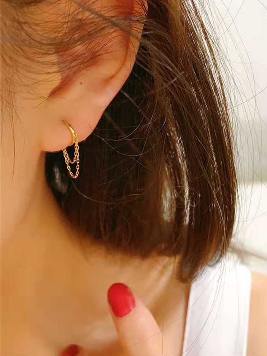 Chain Decor Drop Earrings - Yellow Gold - View 1