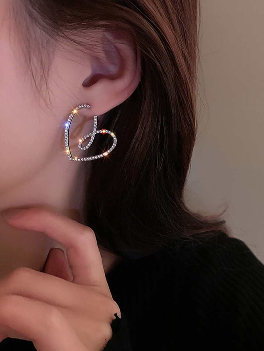 CVNANA Bông tai hình trái tim bằng đá rhinestone