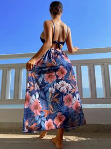 Tropical Print Push Up Summer Beach Bikini Set With Beach Skirt - Multicolor - View 2