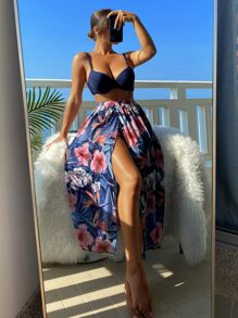Tropical Print Push Up Summer Beach Bikini Set With Beach Skirt - Multicolor - View 3