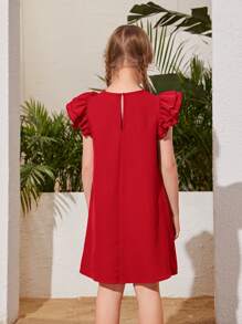 SHEIN 女孩荷葉邊後鎖孔連衣裙 - 紅色 - 查看 2