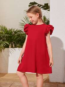SHEIN 女孩荷葉邊後鎖孔連衣裙 - 紅色 - 查看 3