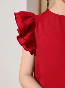 SHEIN 女孩荷葉邊後鎖孔連衣裙 - 紅色 - 查看 5