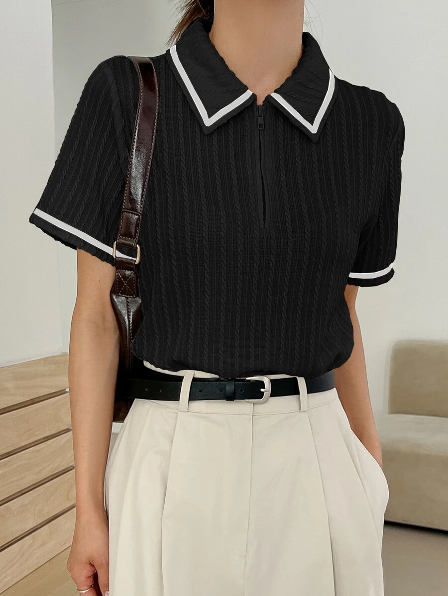 DAZY Tương phản ràng buộc Một nửa khóa kéo Áo thun - màu đen - Xem 1