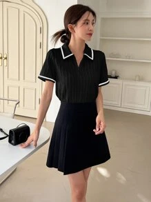 DAZY Tương phản ràng buộc Một nửa khóa kéo Áo thun - màu đen - Xem 4