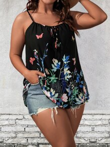 SHEIN LUNE 加大花卉印花系带前吊带背心图案 T 恤女式上衣 - 彩色 - 查看 1