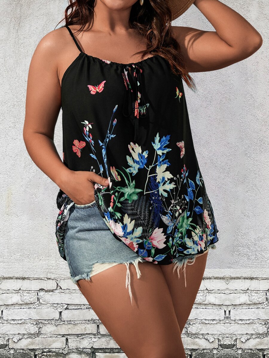 SHEIN LUNE 加大花卉印花系带前吊带背心图案 T 恤女式上衣 - 彩色 - 查看 1