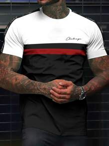 Manfinity Homme 男士字母圖案撞色T恤 - 黑色 - 查看 1