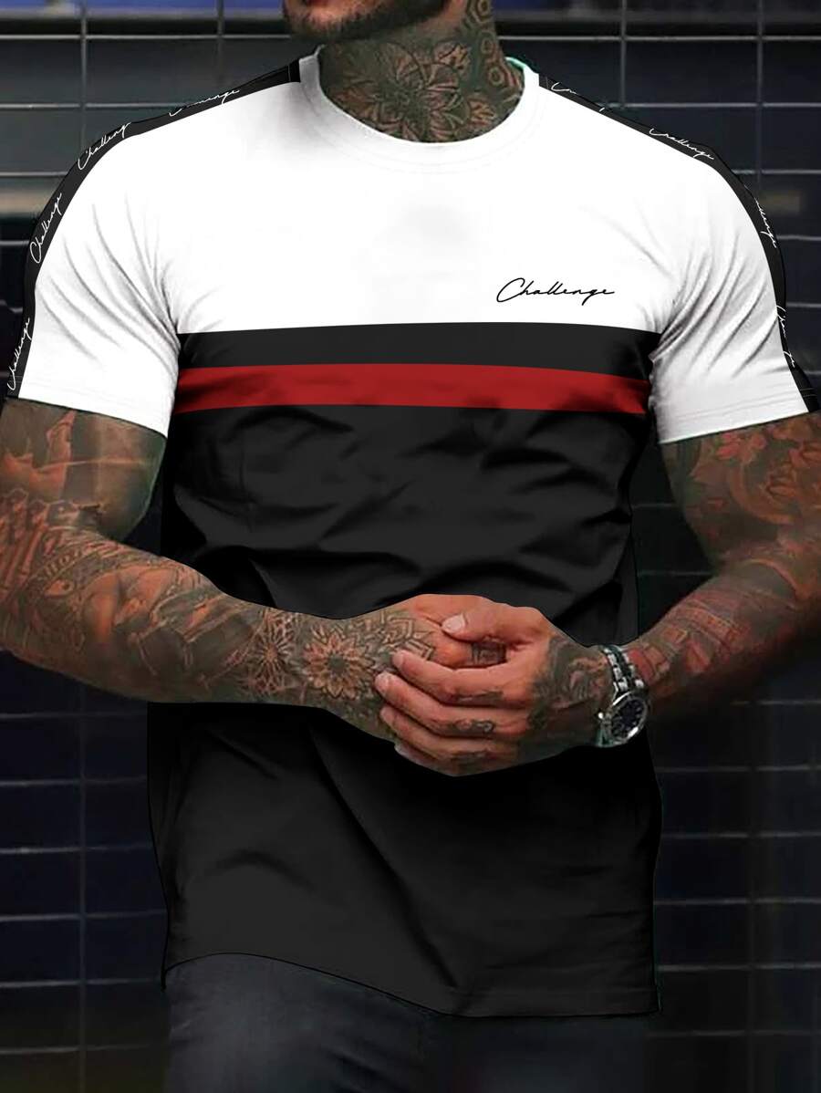 Manfinity Homme 男士字母圖案撞色T恤 - 黑色 - 查看 1