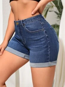 SHEIN Tall 卷邊牛仔短褲 - 中等水洗藍 - 查看 1