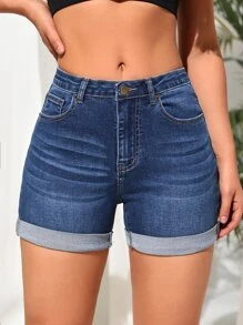 SHEIN Tall 卷邊牛仔短褲 - 中等水洗藍 - 查看 3