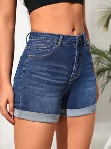 SHEIN Tall 卷邊牛仔短褲 - 中等水洗藍 - 查看 5