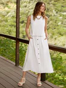 SHEIN LUNE Solid Tank Top & Button Front Skirt - White - View 1