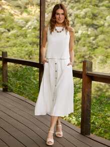 SHEIN LUNE Solid Tank Top & Button Front Skirt - White - View 4