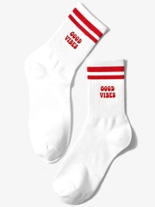 1pair Women's Fashionable Letter & Double Stripe Mid-Calf Socks Suitable For Casual Outfits - Multicolor - View 1