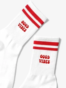 1pair Women's Fashionable Letter & Double Stripe Mid-Calf Socks Suitable For Casual Outfits - Multicolor - View 2