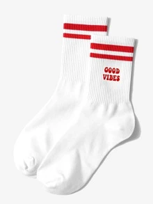 1pair Women's Fashionable Letter & Double Stripe Mid-Calf Socks Suitable For Casual Outfits - Multicolor - View 3