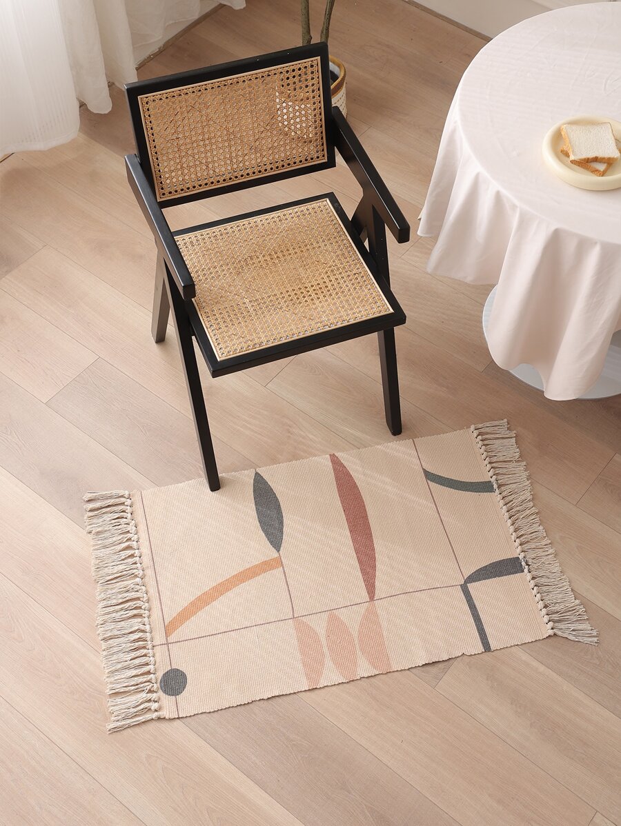 1 pieza Alfombra de piso con patrón geométrico ribete con fleco moderno de tela para - Multicolor - Ver 1