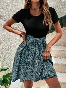 INAWLY Plant Print Belted Dress - Multicolor - View 5