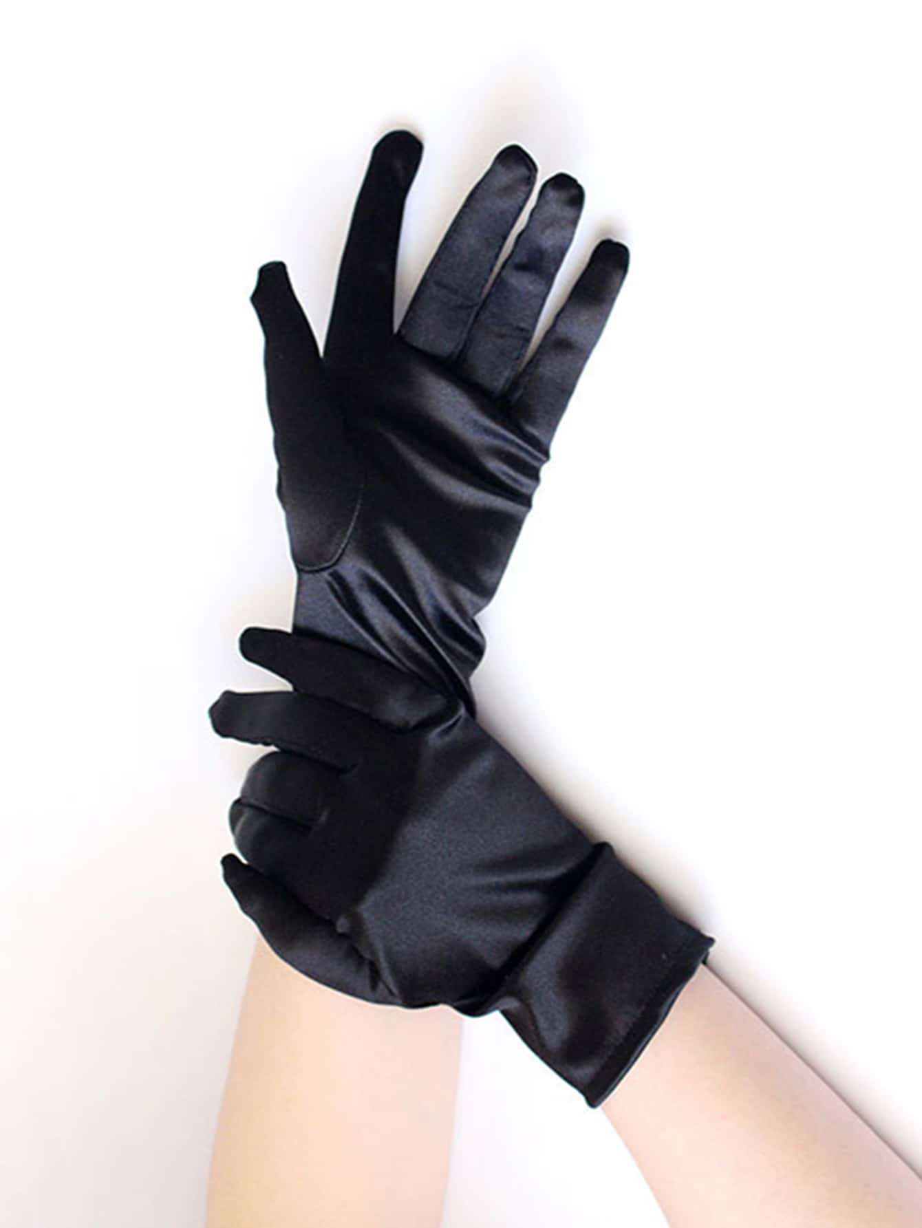 Gants unicolore en satin - Noir - Voir 1