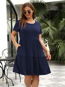 Nemidor 大碼素色荷葉邊娃娃裙 - 藏蓝色 - 查看 5