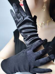 Gants unicolore en satin - Noir - Voir 2