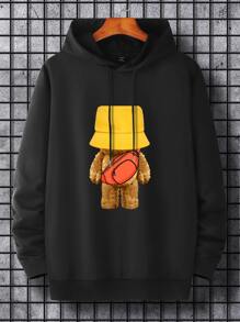 Manfinity Hypemode Hombres Capucha con estampado de oso con cordón - Negro - Ver 1