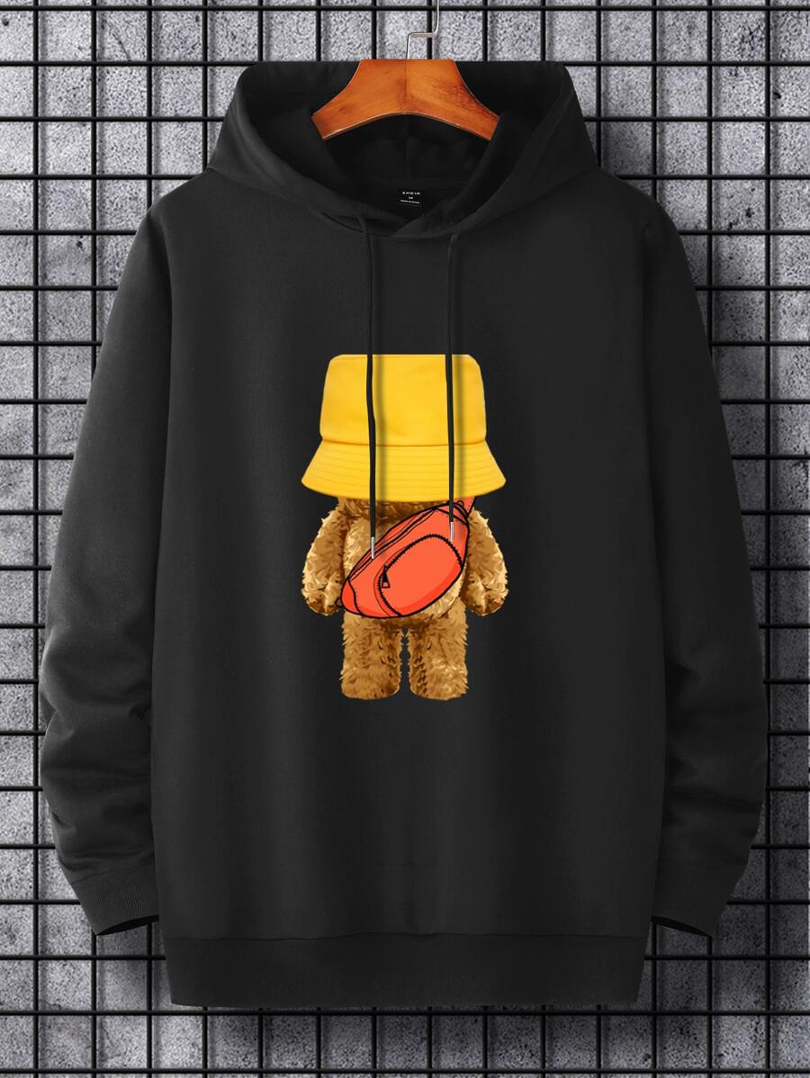 Manfinity Hypemode Hombres Capucha con estampado de oso con cordón - Negro - Ver 1