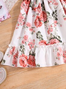Sparklyn 女孩印花荷葉邊腰帶掛脖連衣裙 - 白色 - 查看 5