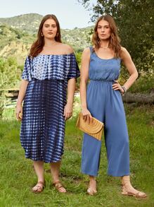 SHEIN LUNE Lace Bodice Slant Pocket Wide Leg Jumpsuit - Blue - View 3