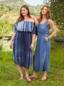 SHEIN LUNE Lace Bodice Slant Pocket Wide Leg Jumpsuit - Blue - View 5