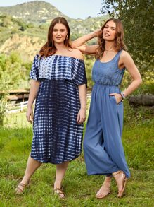 SHEIN LUNE Lace Bodice Slant Pocket Wide Leg Jumpsuit - Blue - View 6