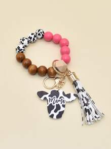 Móc Khóa Charm Đầu Bò & Tua Rua - Màu Hồng Tươi - Xem 1