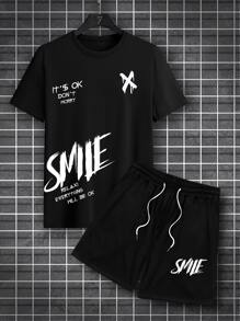 Manfinity EMRG Men Plus Slogan Graphic Tee & Drawstring Waist Shorts - Black - View 1