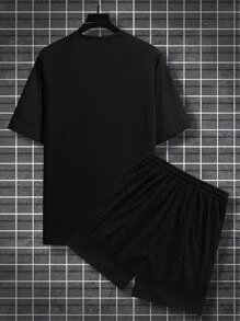 Manfinity EMRG Men Plus Slogan Graphic Tee & Drawstring Waist Shorts - Black - View 2