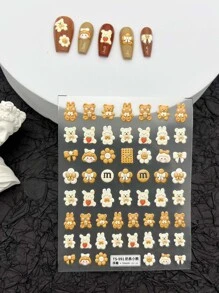 1片5D卡通奶油熊和兔子餅乾蝴蝶結小女孩指甲藝術貼紙，指甲彩繪裝飾貼紙，自黏式紋身，DIY美甲裝飾，美甲首選 - 彩色 - 查看 1
