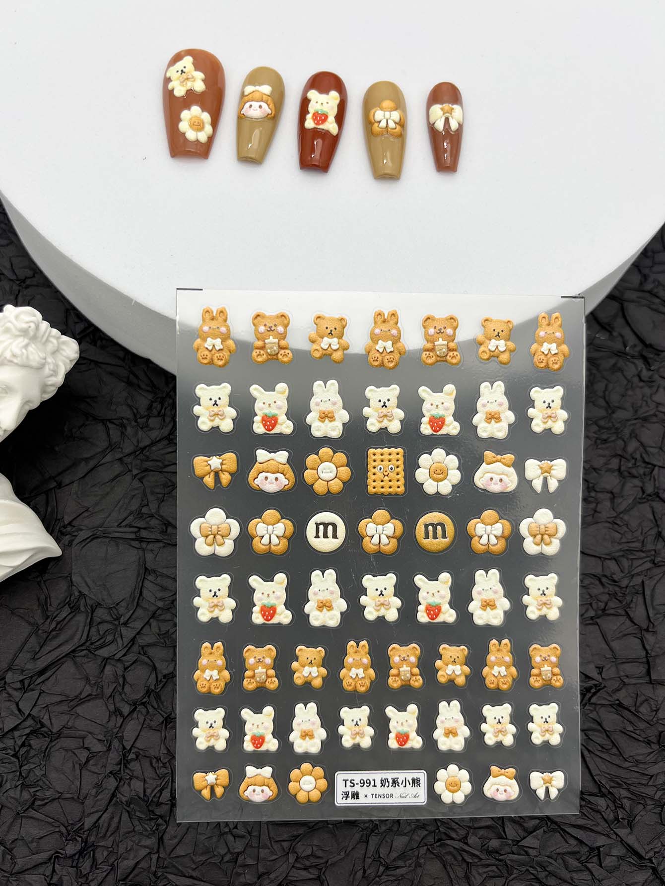 1片5D卡通奶油熊和兔子餅乾蝴蝶結小女孩指甲藝術貼紙，指甲彩繪裝飾貼紙，自黏式紋身，DIY美甲裝飾，美甲首選 - 彩色 - 查看 1