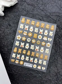 1片5D卡通奶油熊和兔子餅乾蝴蝶結小女孩指甲藝術貼紙，指甲彩繪裝飾貼紙，自黏式紋身，DIY美甲裝飾，美甲首選 - 彩色 - 查看 2