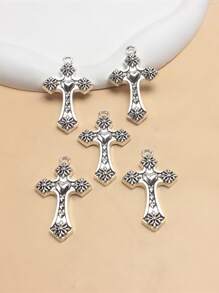 5个复古风格心形十字架吊坠 DIY 首饰金属配件 - 銀色 - 查看 1