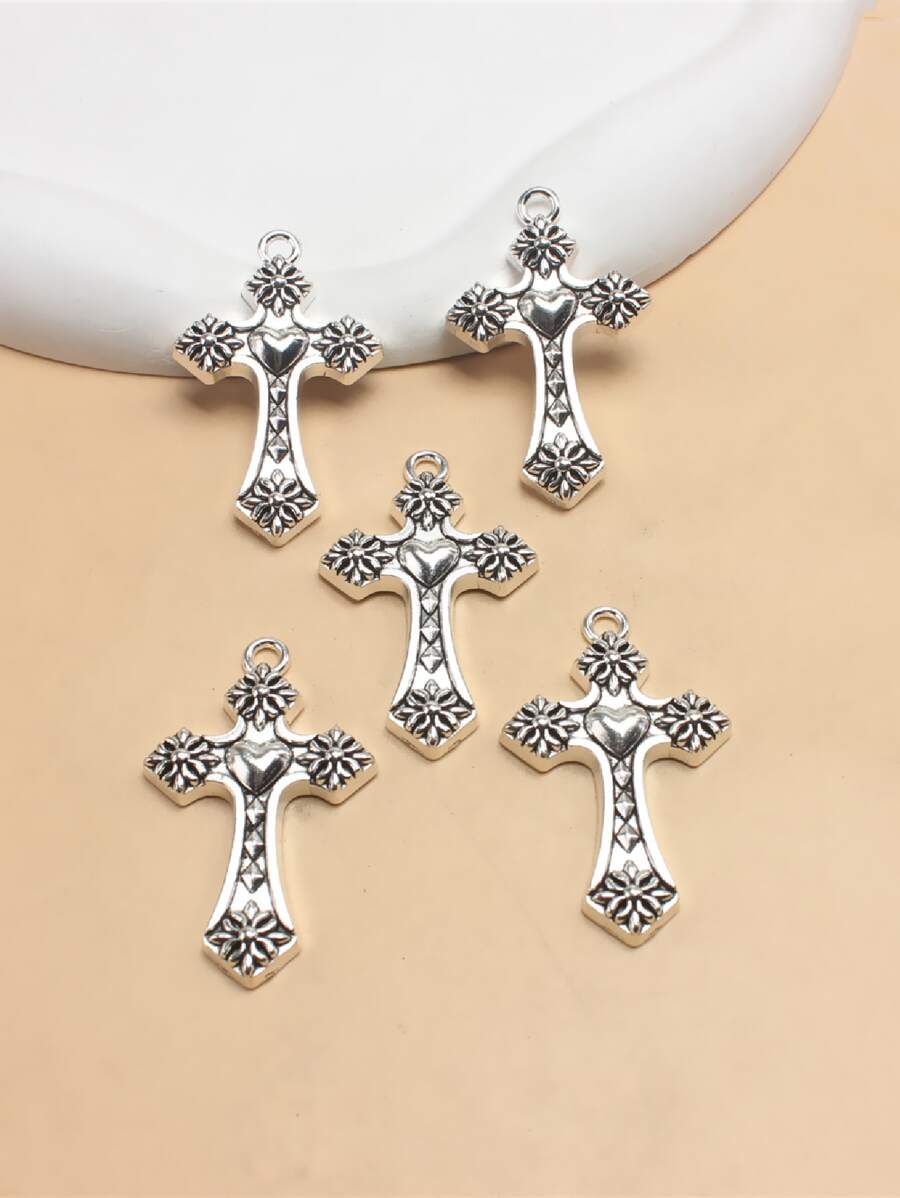 5个复古风格心形十字架吊坠 DIY 首饰金属配件 - 銀色 - 查看 1