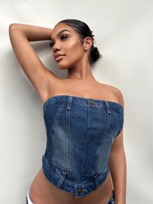 SHEIN SXY Solid Denim Tube Top - Dark Wash - View 2