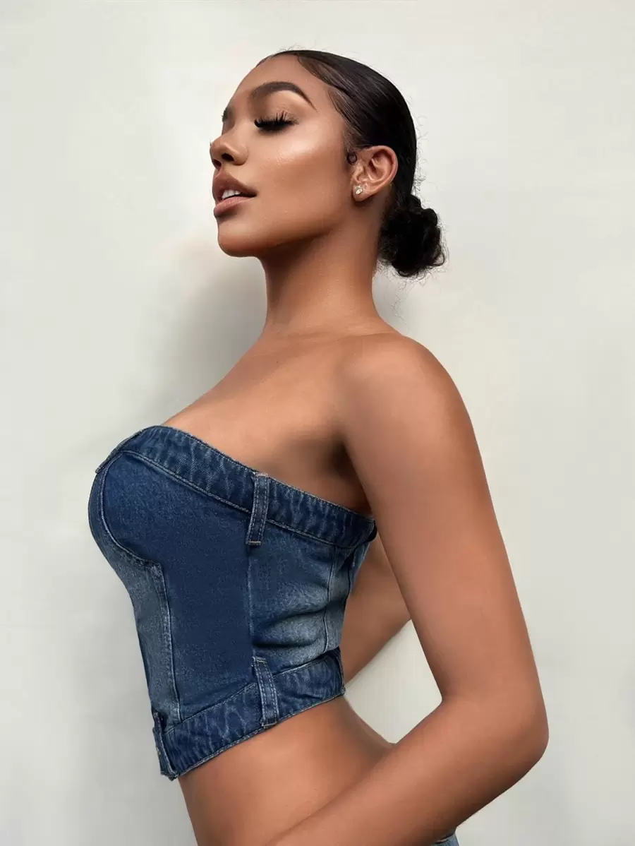 SHEIN SXY Solid Denim Tube Top - Dark Wash - View 1