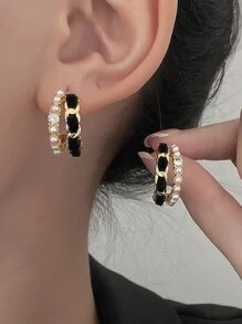 1pc Faux Pearl Decor Cuff Hoop Earrings Copper Jewelry - Yellow Gold - View 2