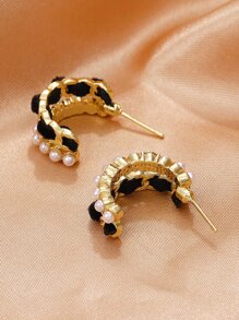 1pc Faux Pearl Decor Cuff Hoop Earrings Copper Jewelry - Yellow Gold - View 3