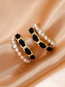 1pc Faux Pearl Decor Cuff Hoop Earrings Copper Jewelry - Yellow Gold - View 4