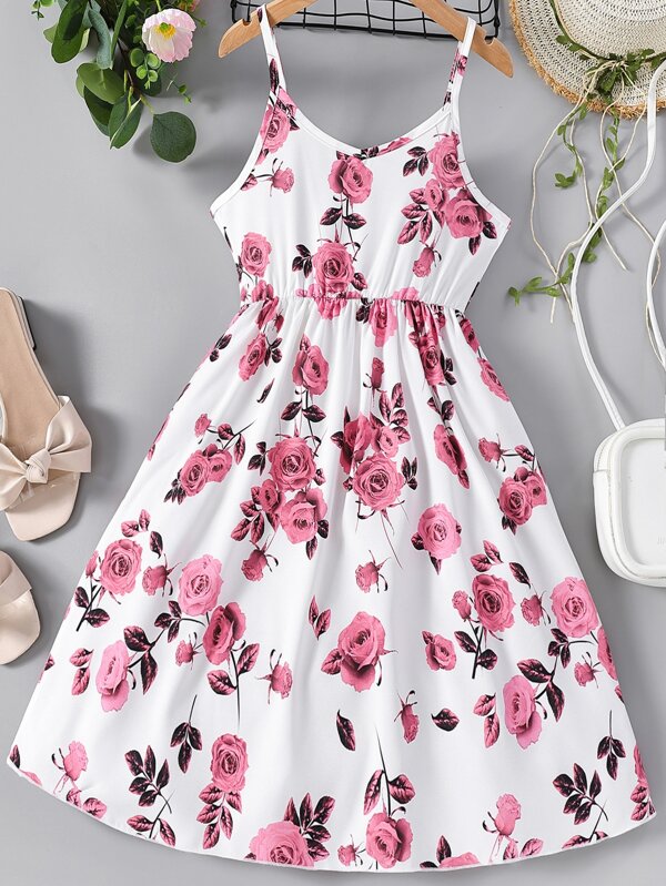 SHEIN Tween Girl Floral Printed Strap Dress, Ages 10-14, Fresh And Sweet, Flower Patterns, Strap Design, Comfortable And Breathableholiday,Summer,Travel,Getaway